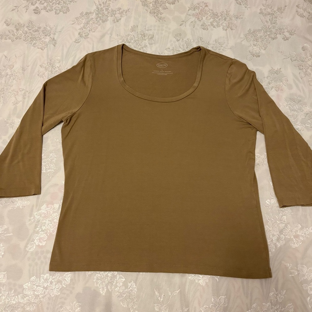 Talbots Women's light Brown Scoop neck Top with 3/4 Sleeves, Washable